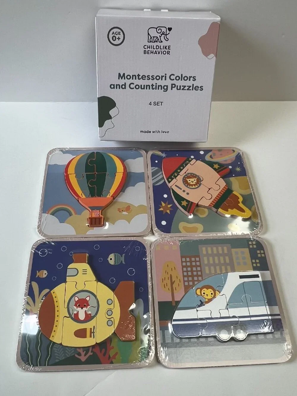 Montessori Wooden Toddler Puzzle Set Educational Toys for Ages 1-3 (4 Pack) new